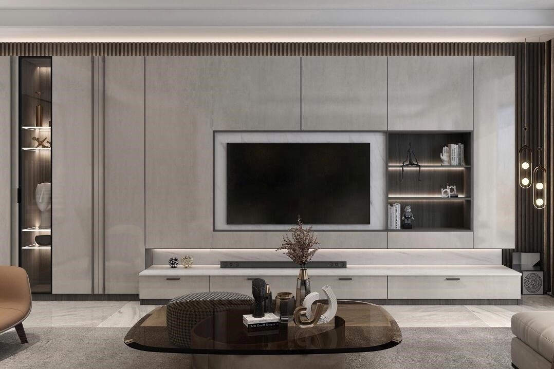 2022 Wohnung Innenausstattung Wand Dekoration Ideen Modernes Wohnzimmer Holz PANEL TV Schrank Design