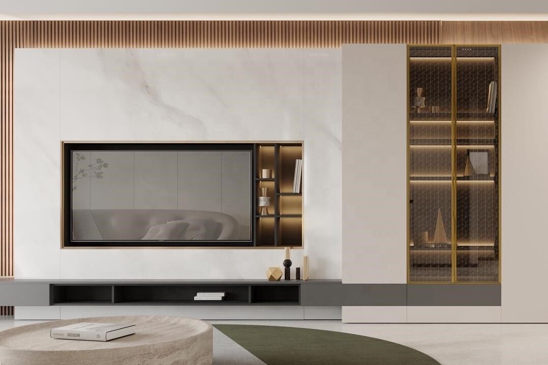 2022 Wohnung Innenausstattung Wand Dekoration Ideen Modernes Wohnzimmer Holz PANEL TV Schrank Design
