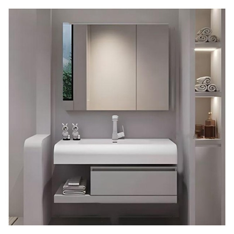 Schwebende weiß lackierte Vanity Combo mit abgerundeten Design Arbeitsplatte und Massivholztüren