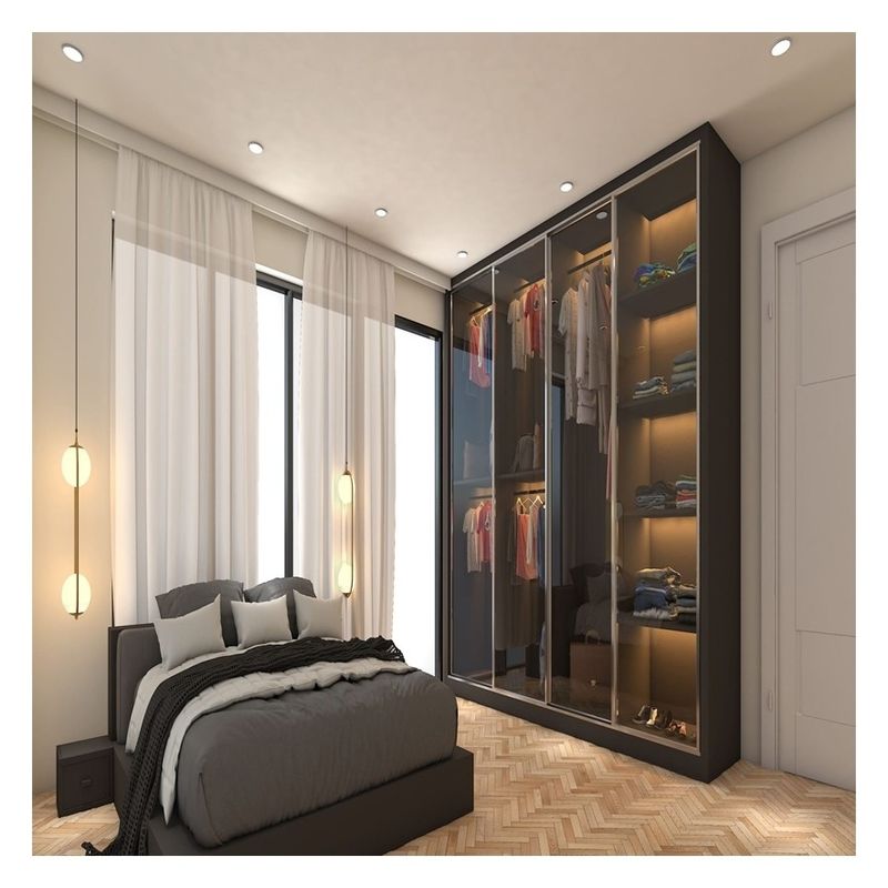 Massivholz Schlafzimmer Schrank mit angepassten Glas Türplatten und Metall Schiebetüren