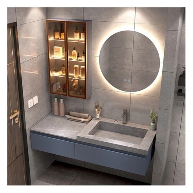 Individuell angepasste Einzelbadezimmer Vanity mit Smart Mirror Minimalist Massivholz Schrank