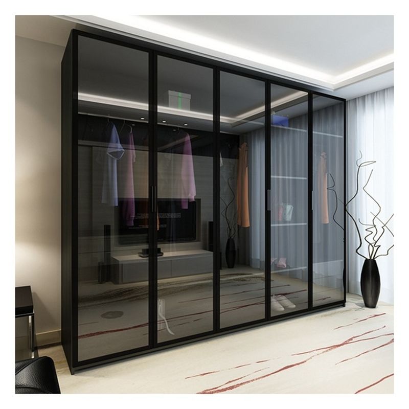 Home Möbel Moderne schwarze Aluminiumrahmenglasplatten Massivholzkleiderschrank mit Lichtbar Dekoration