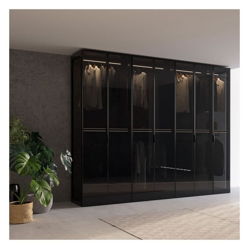 Home Möbel Moderne schwarze Aluminiumrahmenglasplatten Massivholzkleiderschrank mit Lichtbar Dekoration