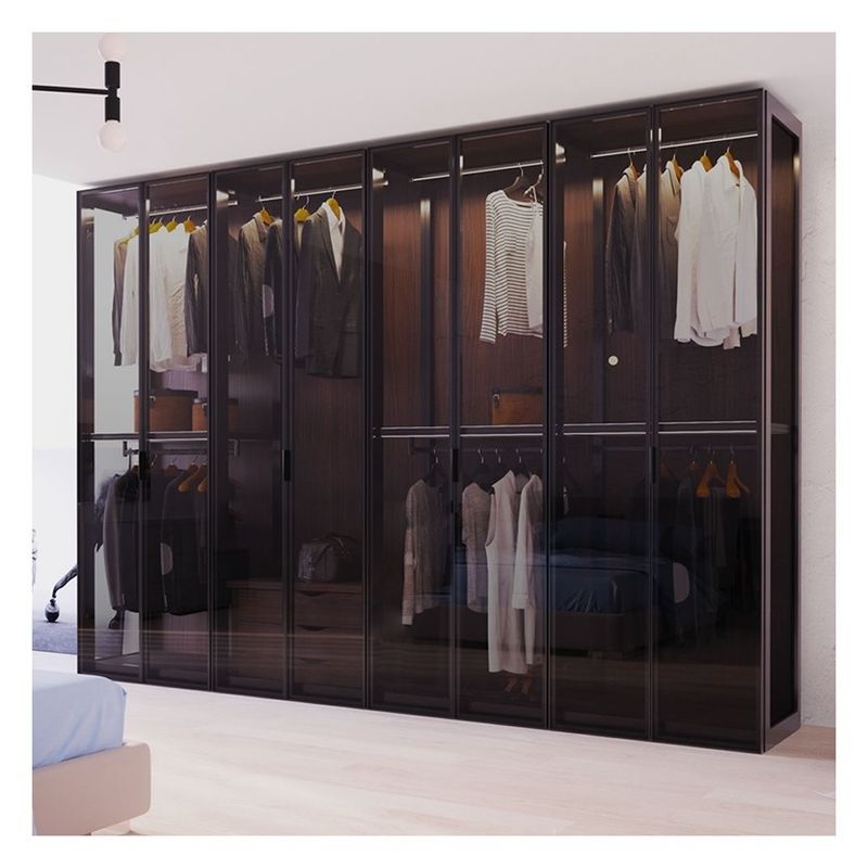 Home Möbel Moderne schwarze Aluminiumrahmenglasplatten Massivholzkleiderschrank mit Lichtbar Dekoration