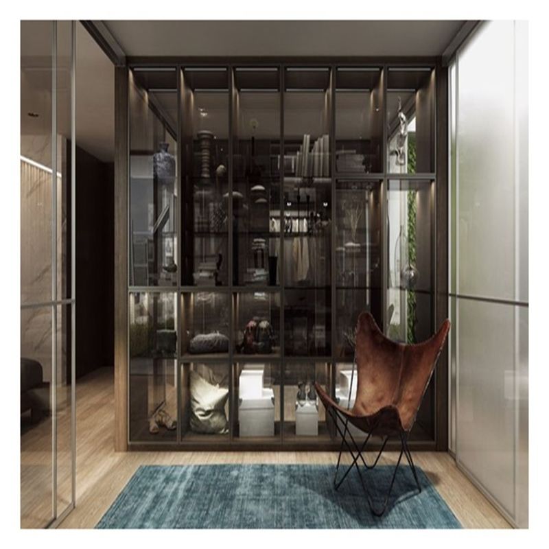 Home Möbel Moderne schwarze Aluminiumrahmenglasplatten Massivholzkleiderschrank mit Lichtbar Dekoration