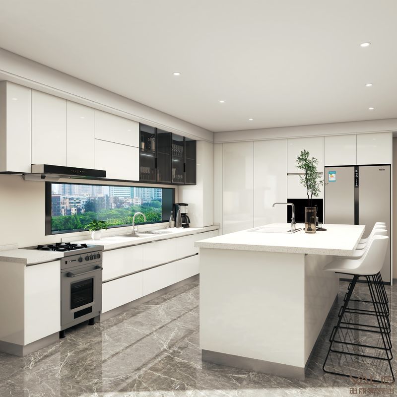 Flat Edge Countertop und Veneer Finish für große weiße Kücheninsel im europäischen Stil
