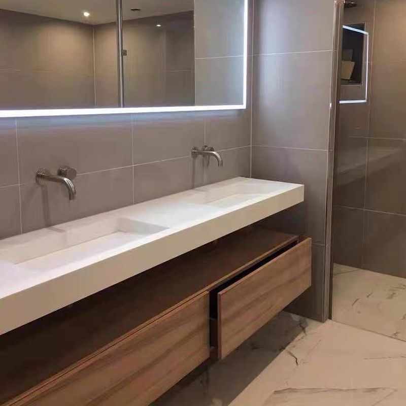 Moderne freistehende weiße Eiche Badezimmer Vanity Schrank mit LED-Spiegel und Doppelschwimmer