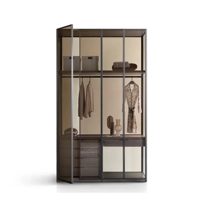 OEM ODM akzeptabel Massivholzkleiderschrank mit metallischen Farben Aluminiumrahmenglastüren