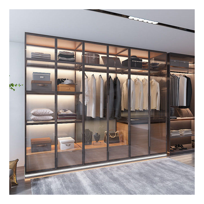 OEM ODM akzeptabel Massivholzkleiderschrank mit metallischen Farben Aluminiumrahmenglastüren