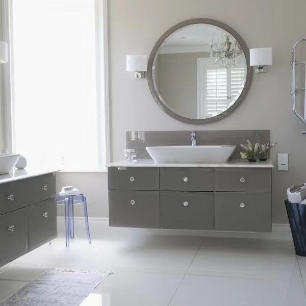 Moderne Holzschachtel mit kleinen schwimmenden Waschbecken und schlanker Einheit Grau/Weiß Eichenbad Vanity