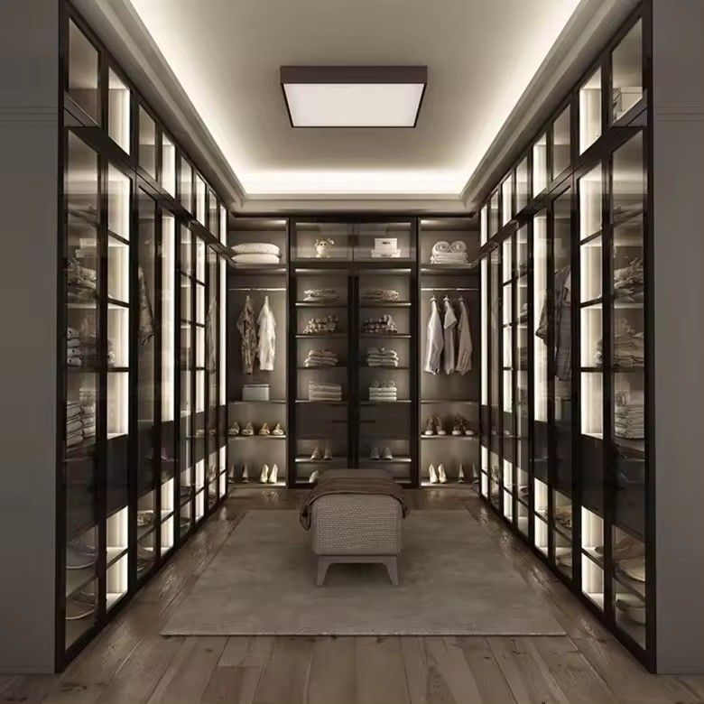 Moderne Design Custom Aluminiumrahmen Glas Tür MDF Walk-in Schrank mit Center Island