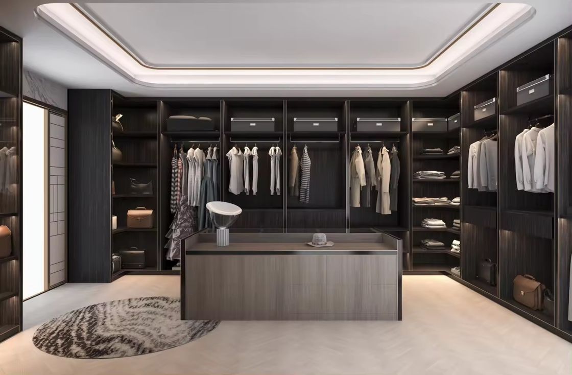 Moderne Design Custom Aluminiumrahmen Glas Tür MDF Walk-in Schrank mit Center Island