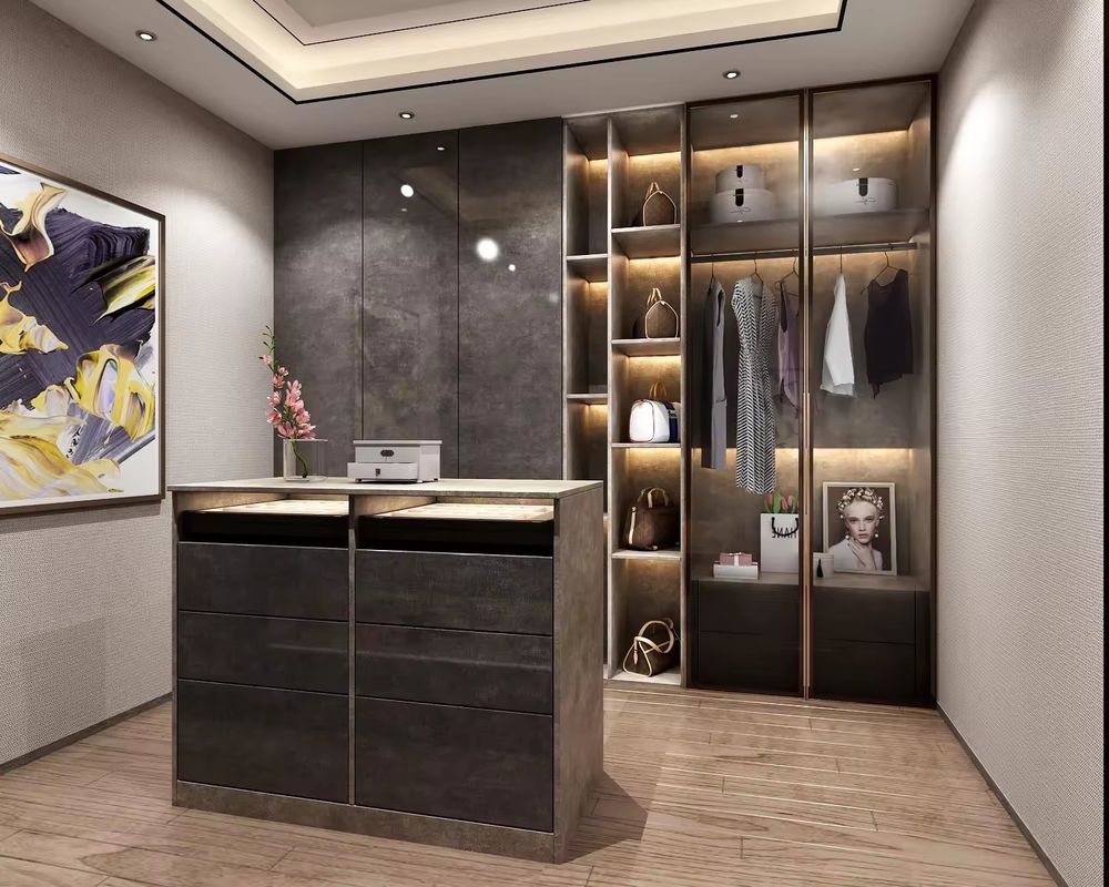 Moderne Design Custom Aluminiumrahmen Glas Tür MDF Walk-in Schrank mit Center Island