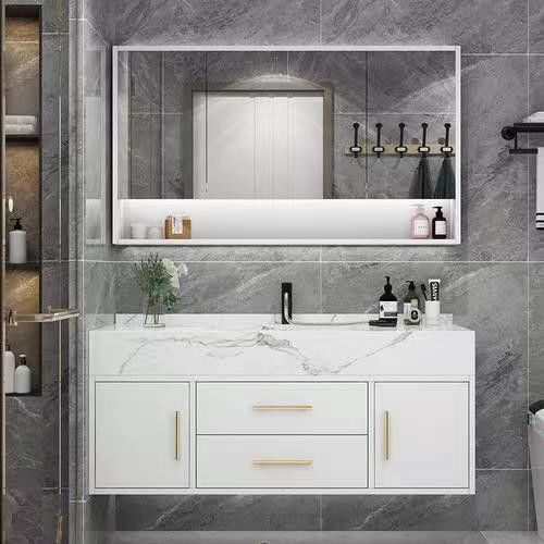 Wandmontierte Holzbadezimmer Vanity mit grifffreiem Design und Becken von YALIG enthalten