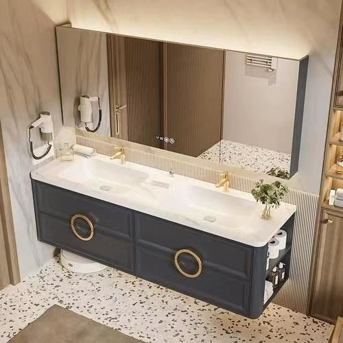 Wandmontierte Holzbadezimmer Vanity mit grifffreiem Design und Becken von YALIG enthalten