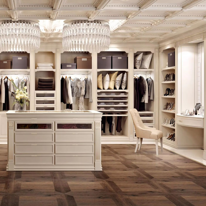 NO Falte Moderne Holz Walk In Garderobe Schrank mit kundenspezifischem Melamin-Speicherdesign