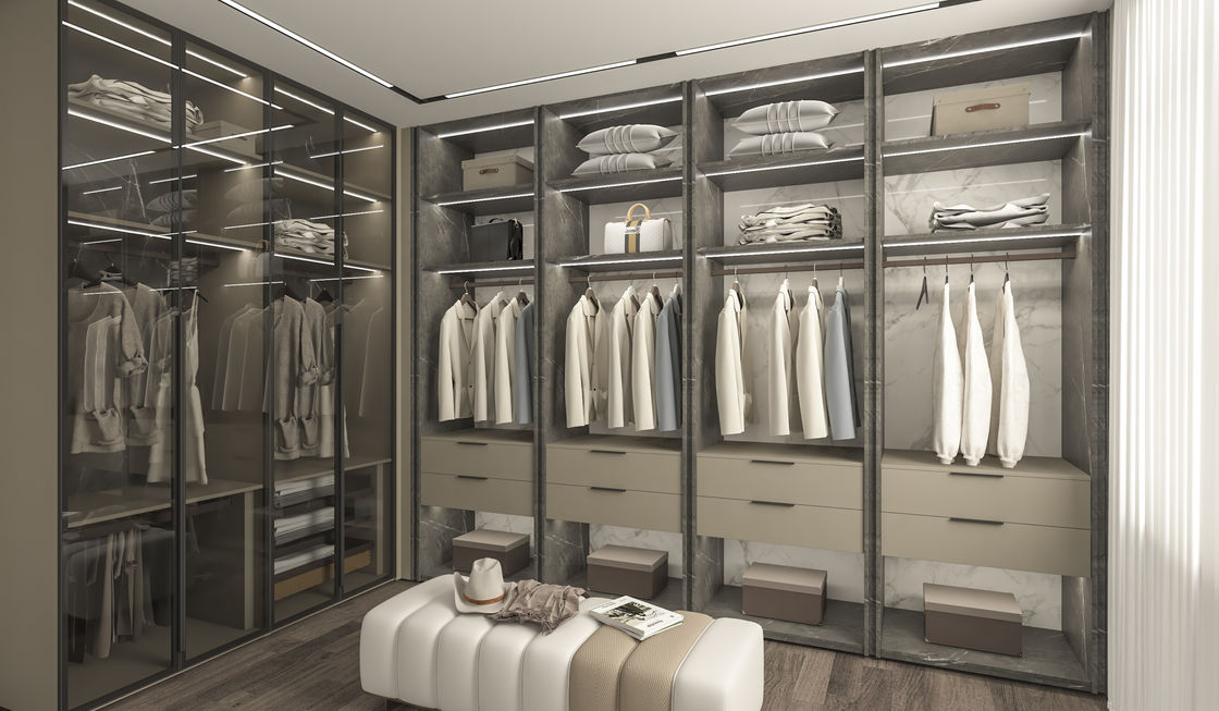 NO Falte Moderne Holz Walk In Garderobe Schrank mit kundenspezifischem Melamin-Speicherdesign